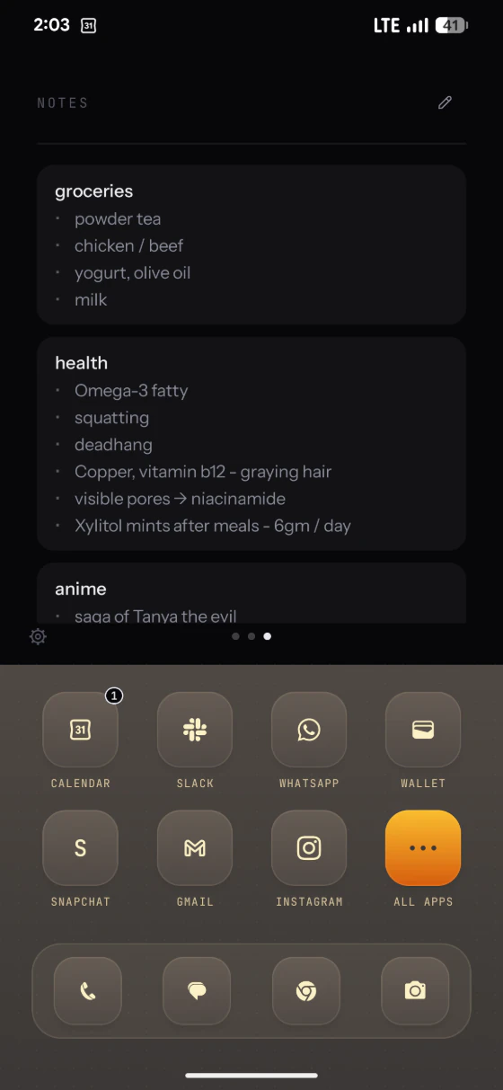 Axo Launcher — the notes page in the amber scheme
