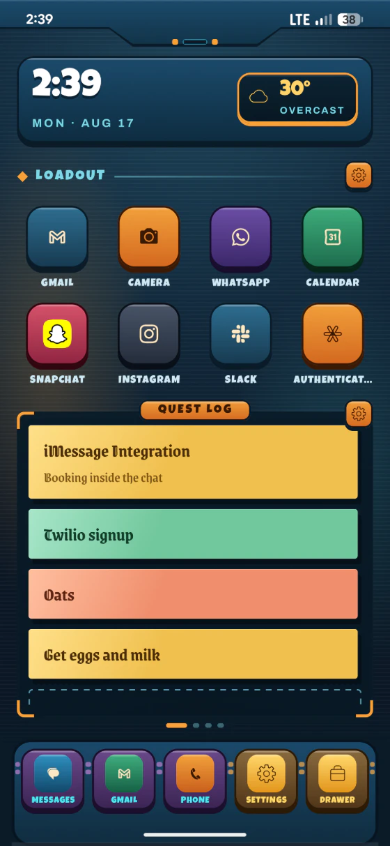 Axo Launcher — a quest log under a loadout of app keys