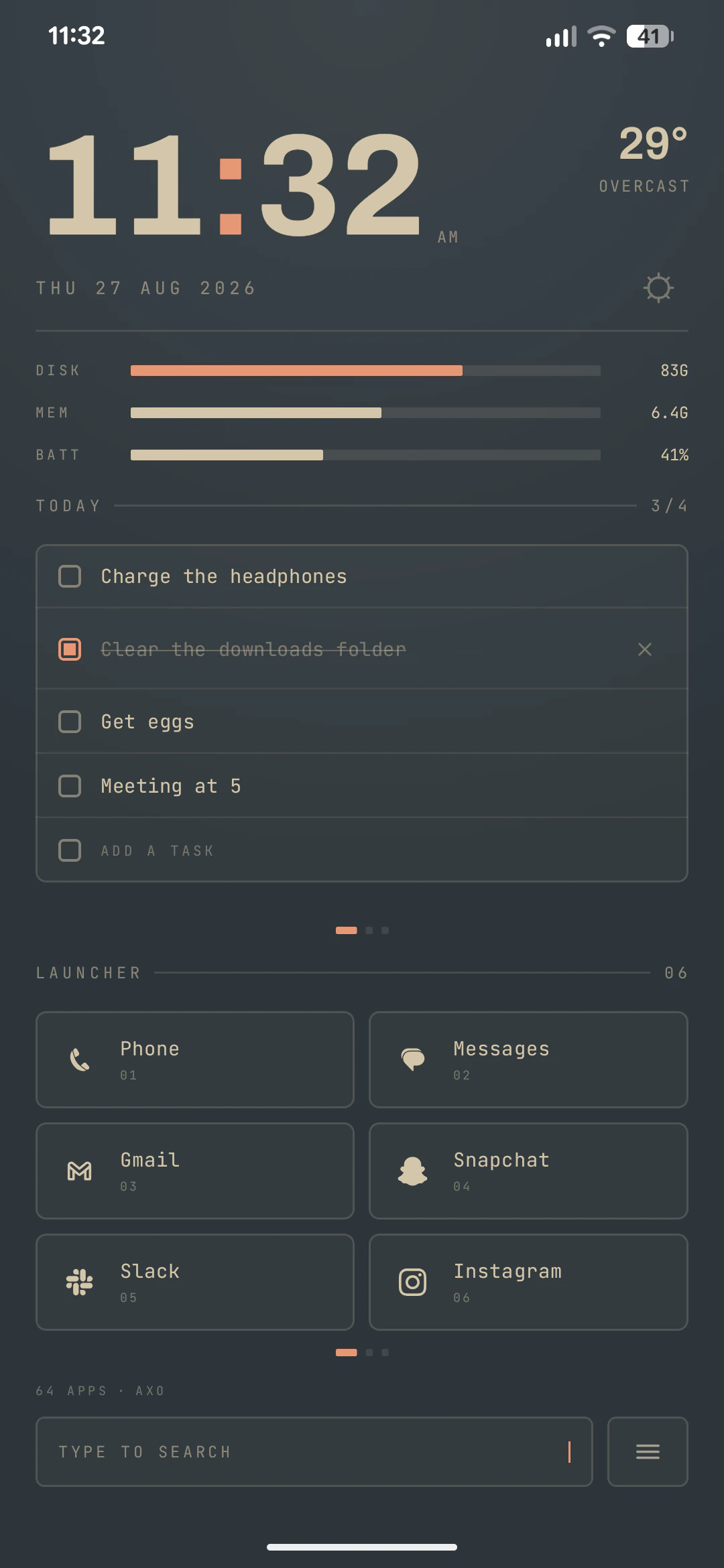 Axo Launcher — telemetry bars over today's list and the app cells