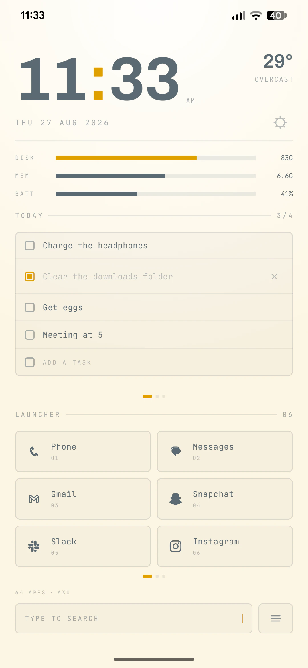 Axo Launcher — the same panel in the light cast